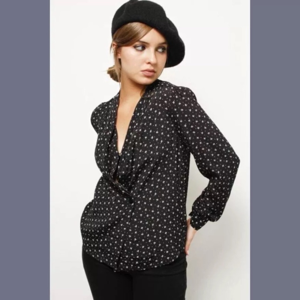 Rolla's Black Dandelion Print Wrap Blouse Long Sleeve Button Front Top Small